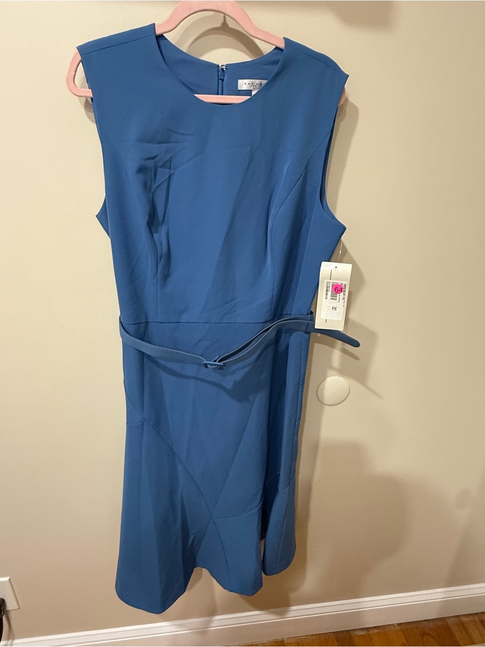 Kay Unger Blue Sleeveless Sheath Dress with Slim Belt